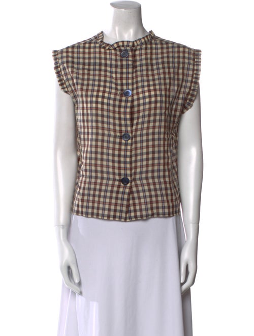 Hache Plaid Print Crew Neck Button-Up Top