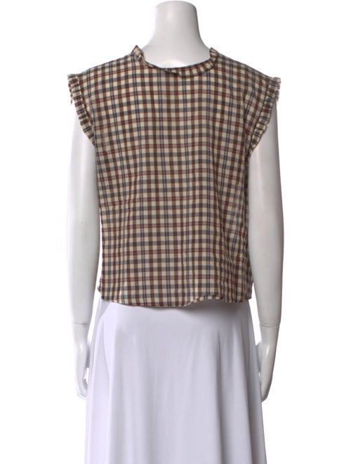 Hache Plaid Print Crew Neck Button-Up Top