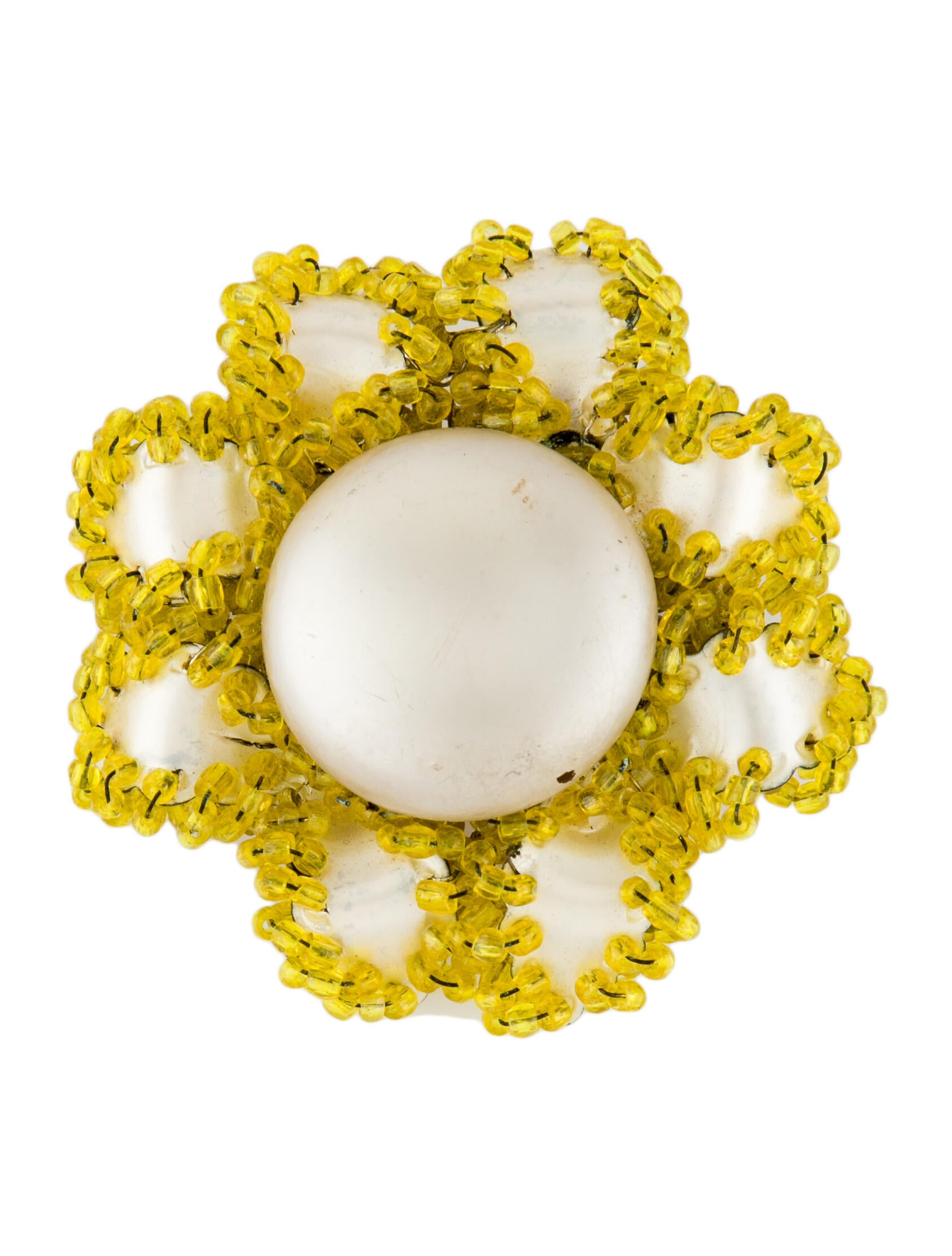 Miriam Haskell Faux Pearl & Bead Pin Brooch Yellow, SilverTone Metal