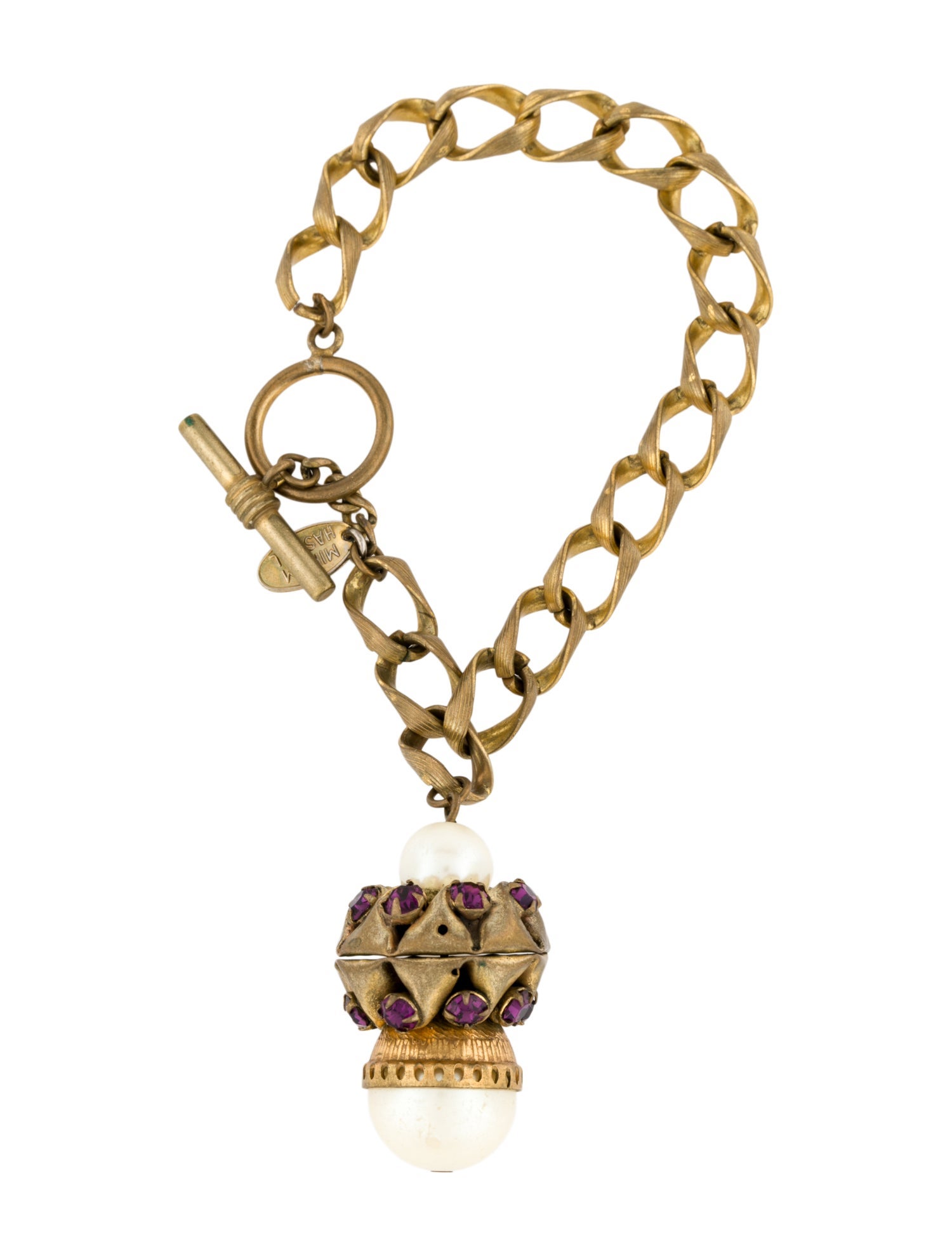 Miriam Haskell Faux Pearl & Crystal Charm Chain Bracelet