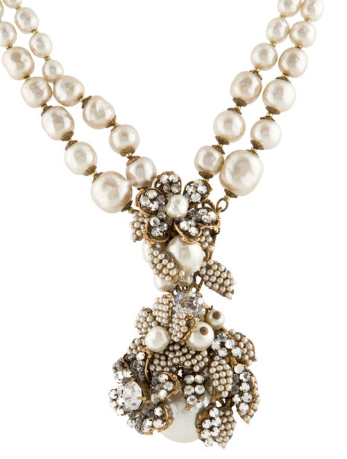 Miriam Haskell Faux Pearl & Crystal Pendant Necklace