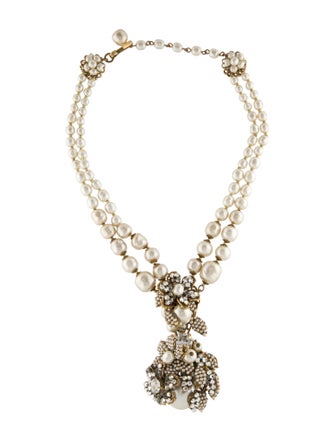 Miriam Haskell Faux Pearl & Crystal Pendant Necklace