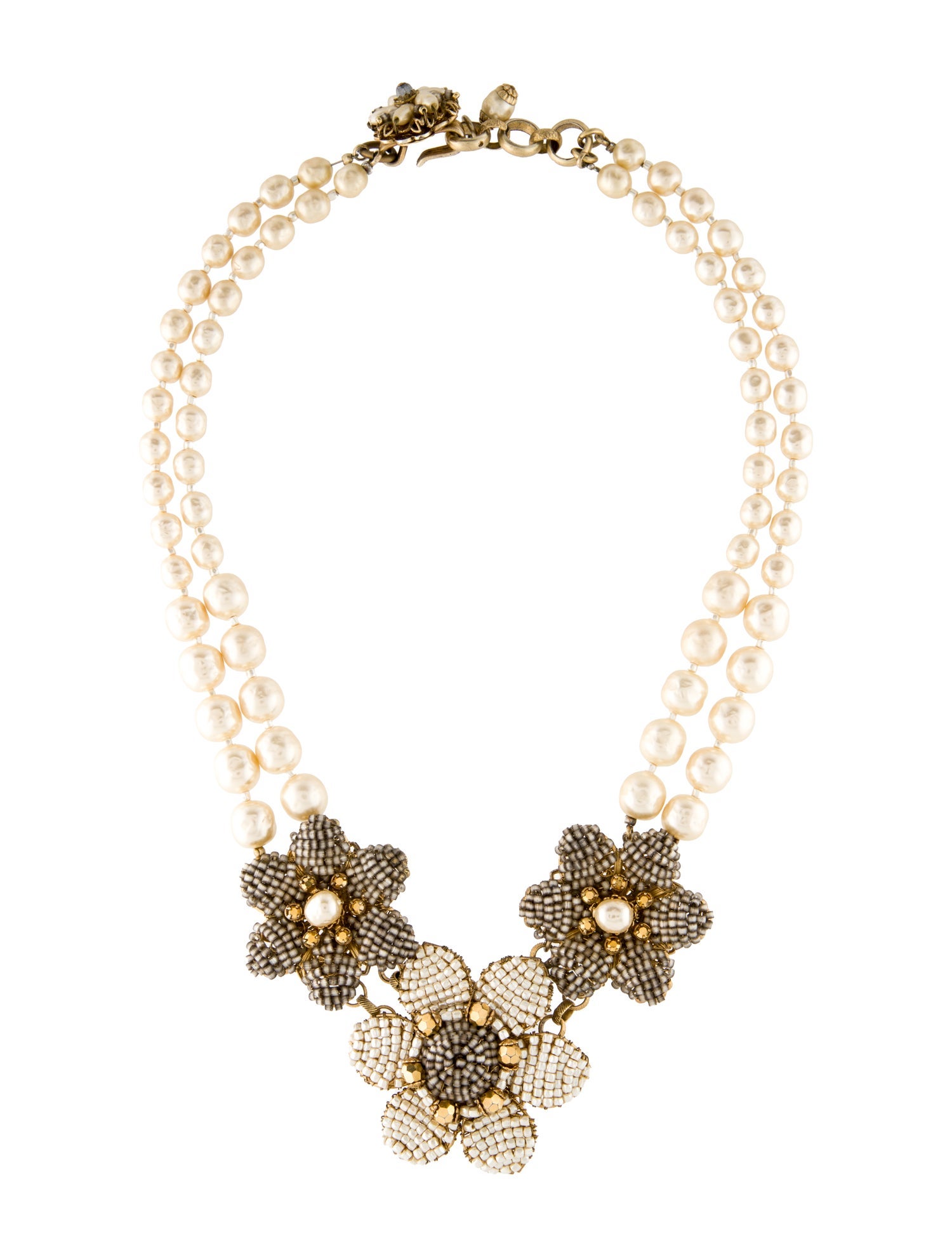 Miriam Haskell Vintage Faux Pearl & Bead Flower Collar Necklace