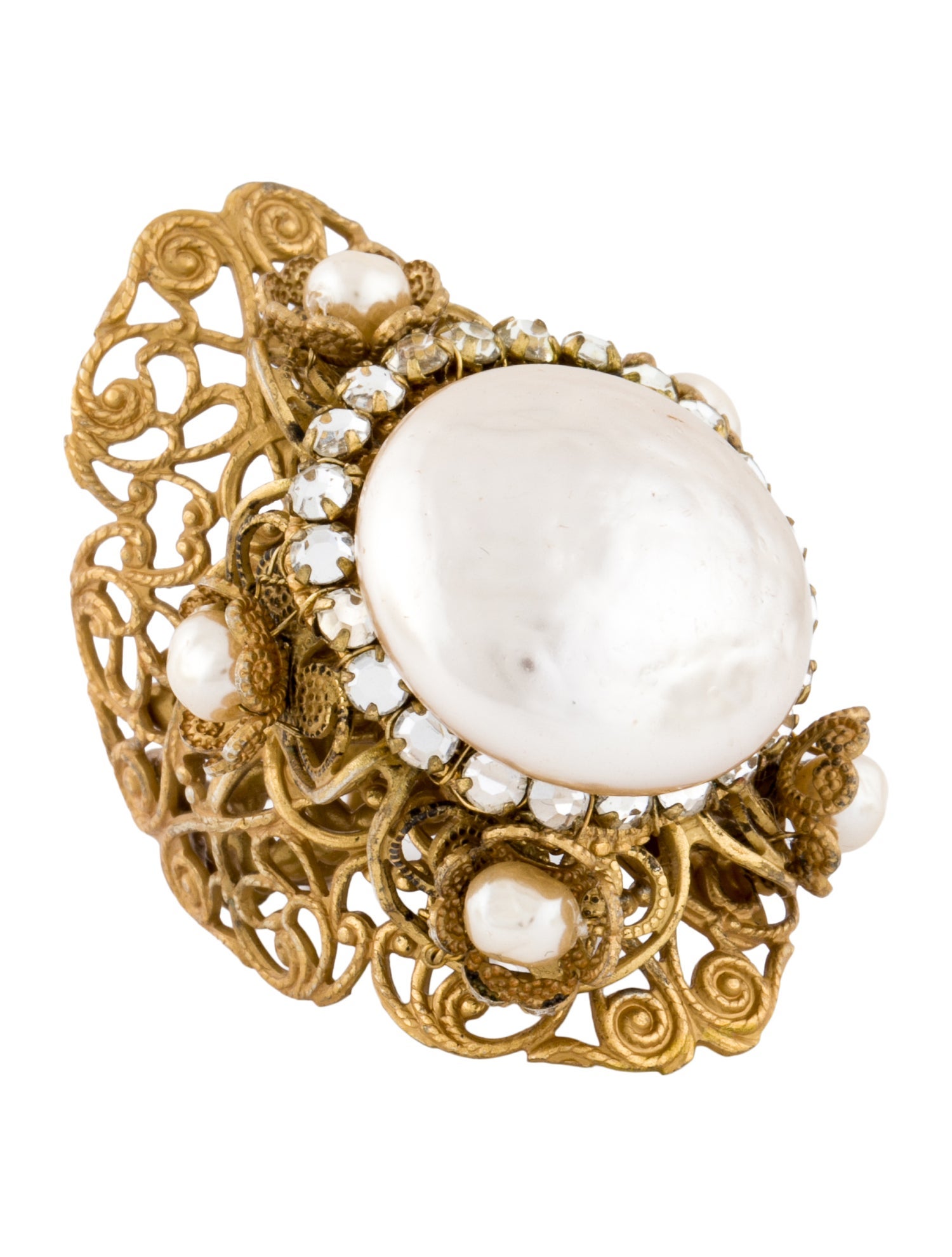 Miriam Haskell Faux Pearl & Crystal Cocktail Ring