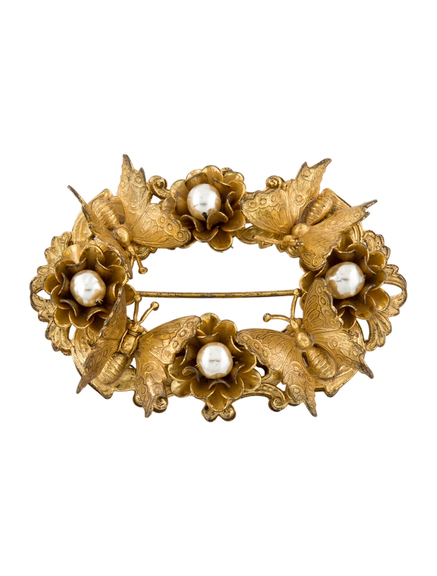 Miriam Haskell Faux Pearl Butterfly Floral Pin Brooch