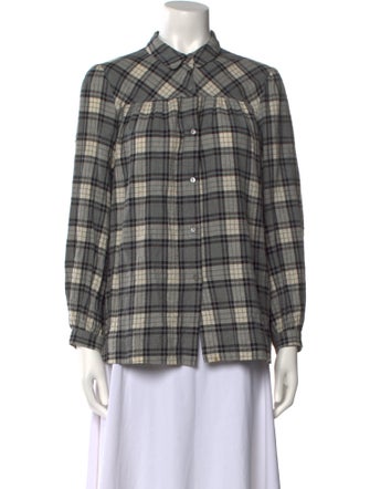Hatch Plaid Print Long Sleeve Button-Up Top