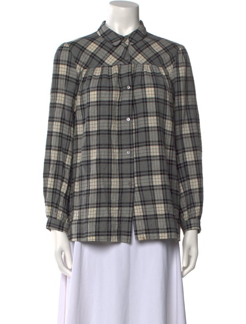 Hatch Plaid Print Long Sleeve Button-Up Top