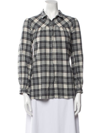 Hatch Plaid Print Three-Quarter Sleeve Button-Up Top