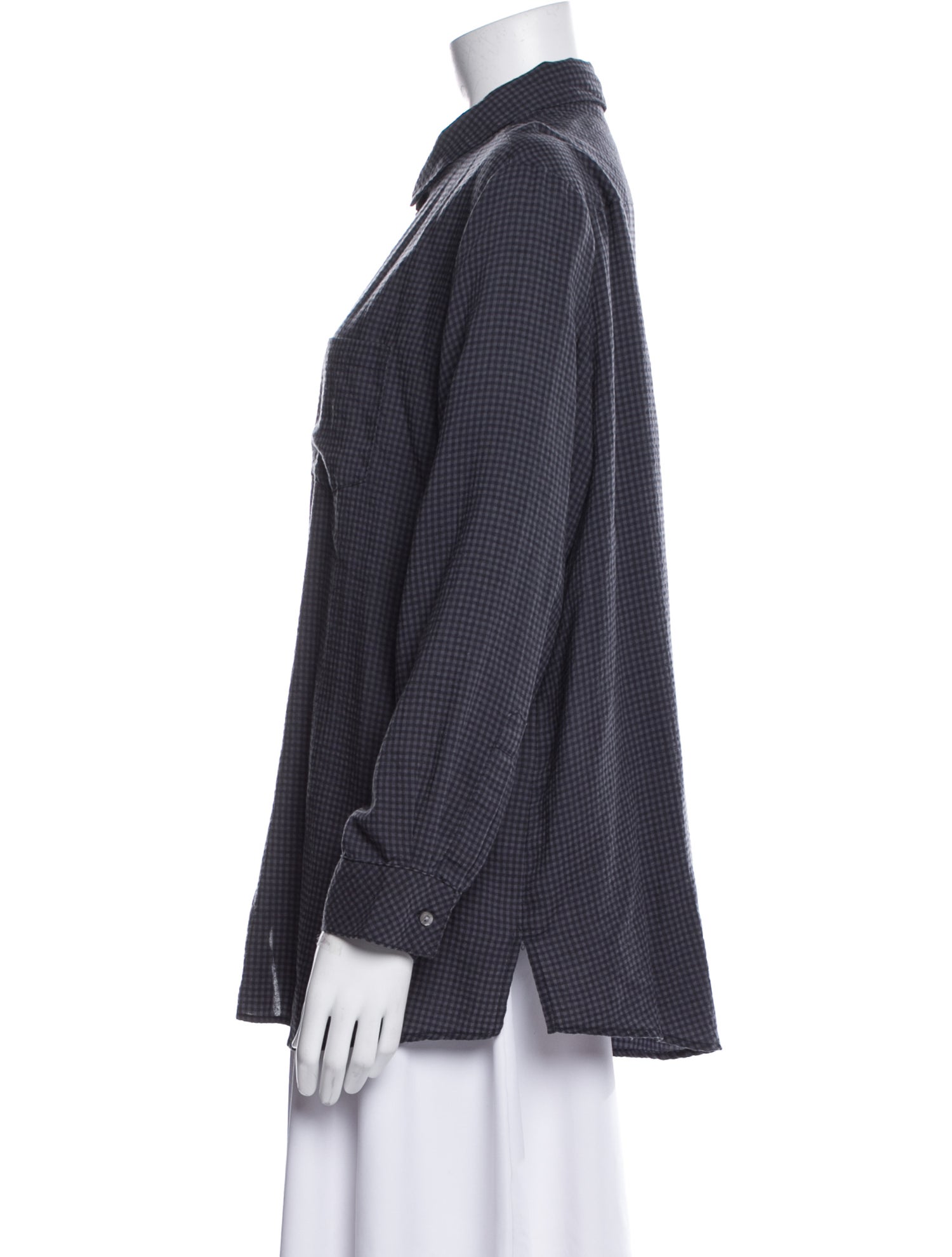 Hatch Plaid Print Long Sleeve Button-Up Top