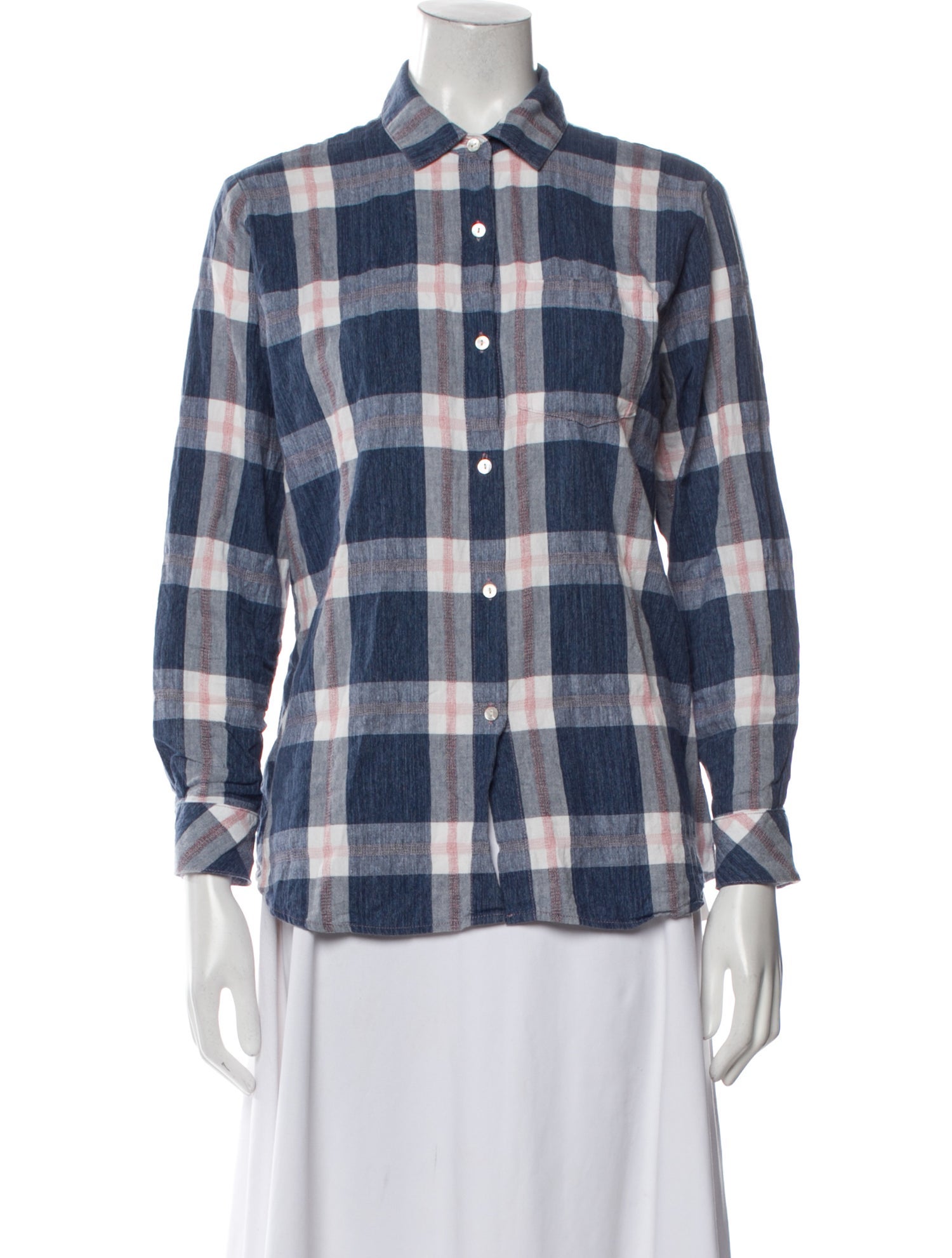 Hatch Plaid Print Three-Quarter Sleeve Button-Up Top