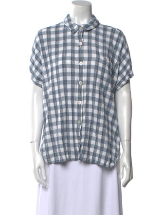 Hatch Plaid Print Short Sleeve Button-Up Top