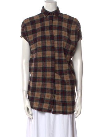 Hatch Wool Plaid Print Button-Up Top