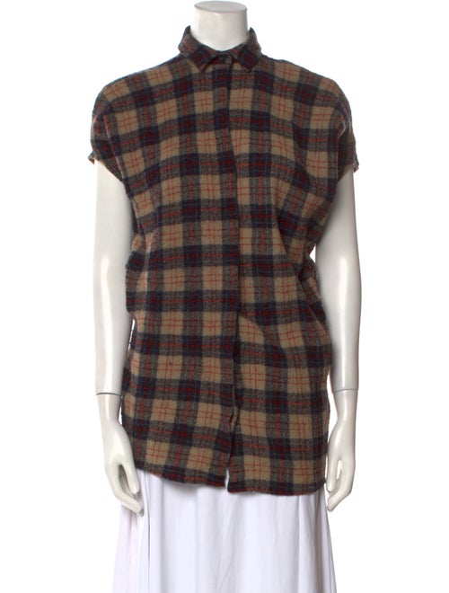 Hatch Wool Plaid Print Button-Up Top