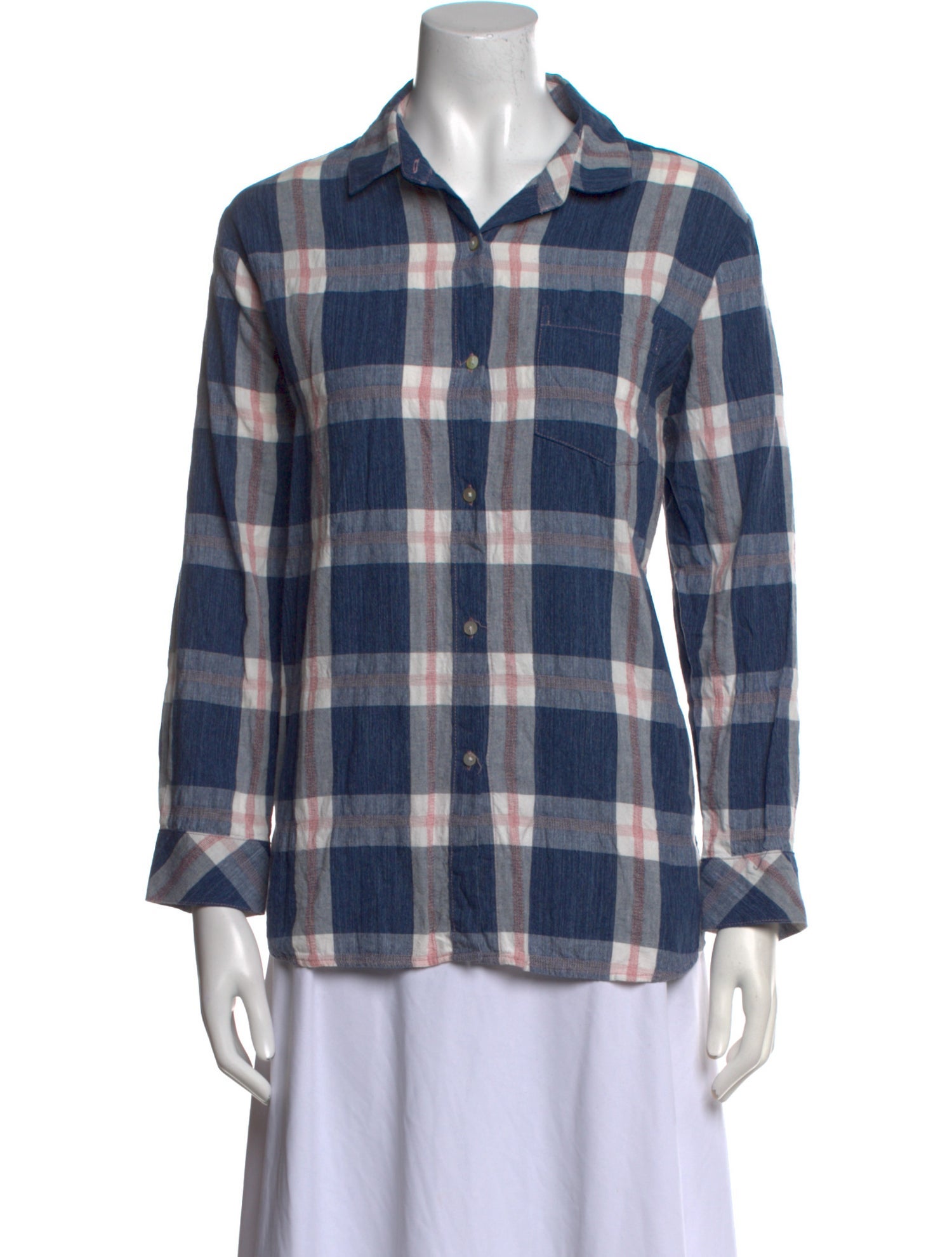 Hatch Plaid Print Long Sleeve Button-Up Top