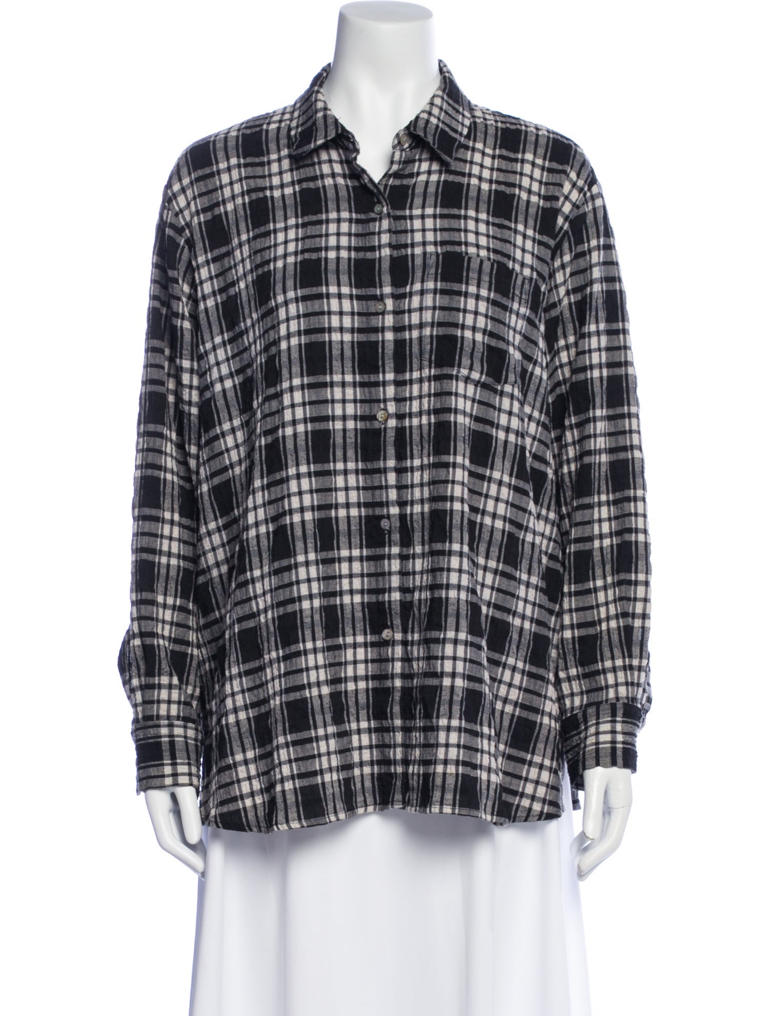 Hatch Plaid Print Long Sleeve Button-Up Top