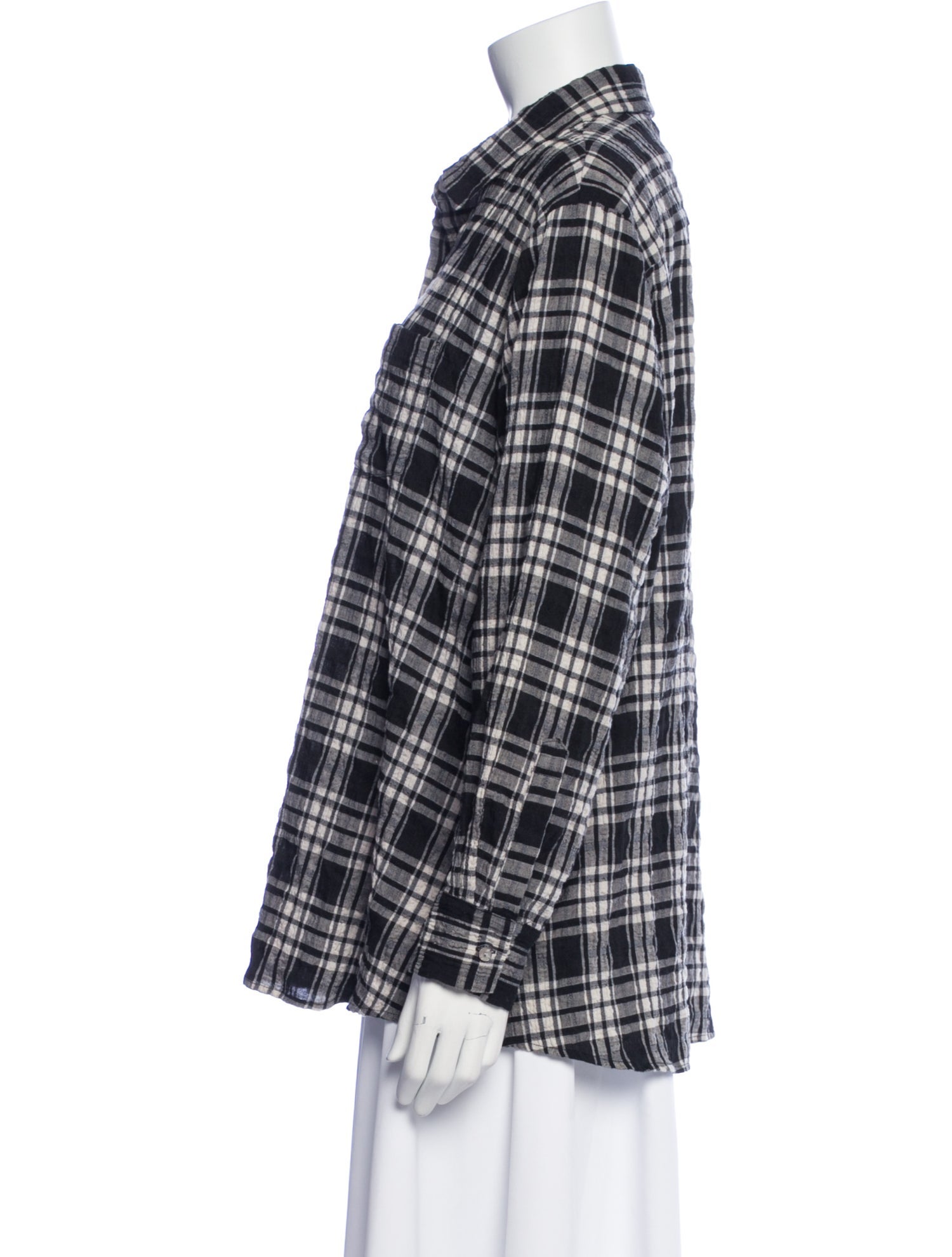 Hatch Plaid Print Long Sleeve Button-Up Top