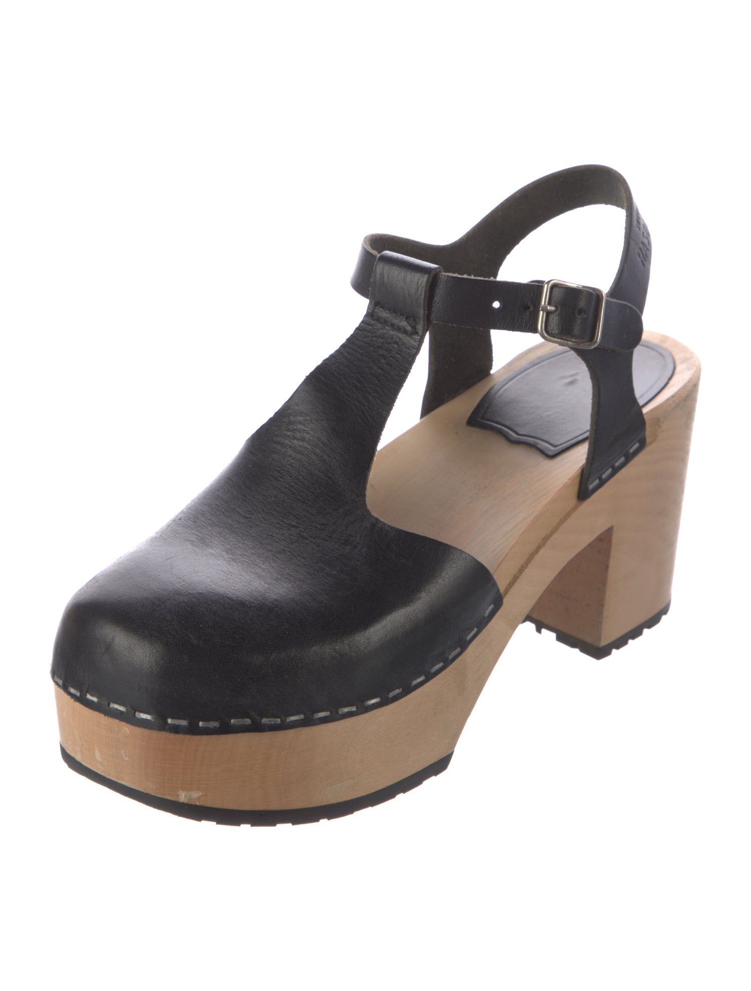 Swedish Hasbeens Leather Whipstitch Trim T-Strap Pumps