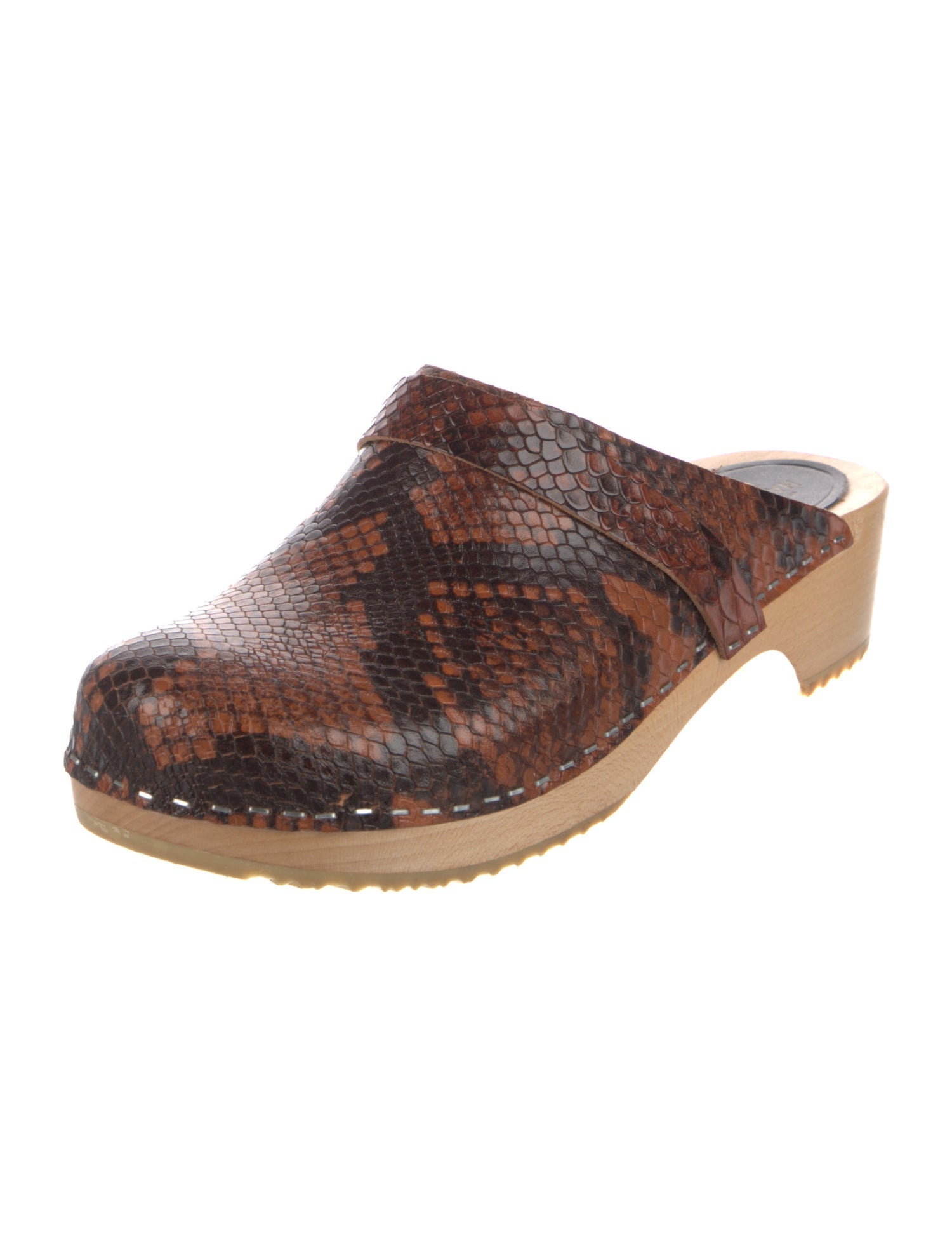Swedish Hasbeens Embossed Leather Animal Print Mules