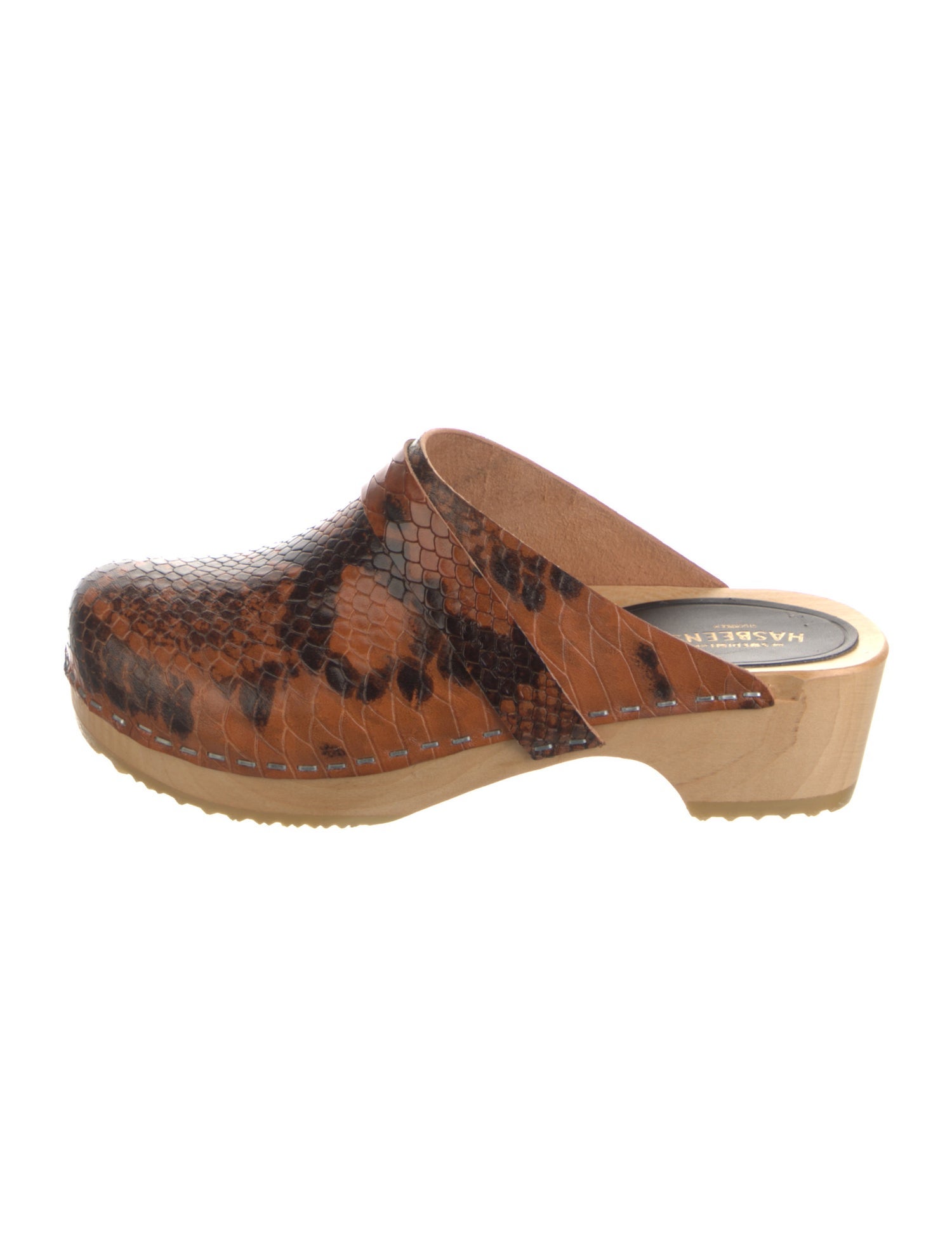 Swedish Hasbeens Embossed Leather Animal Print Mules
