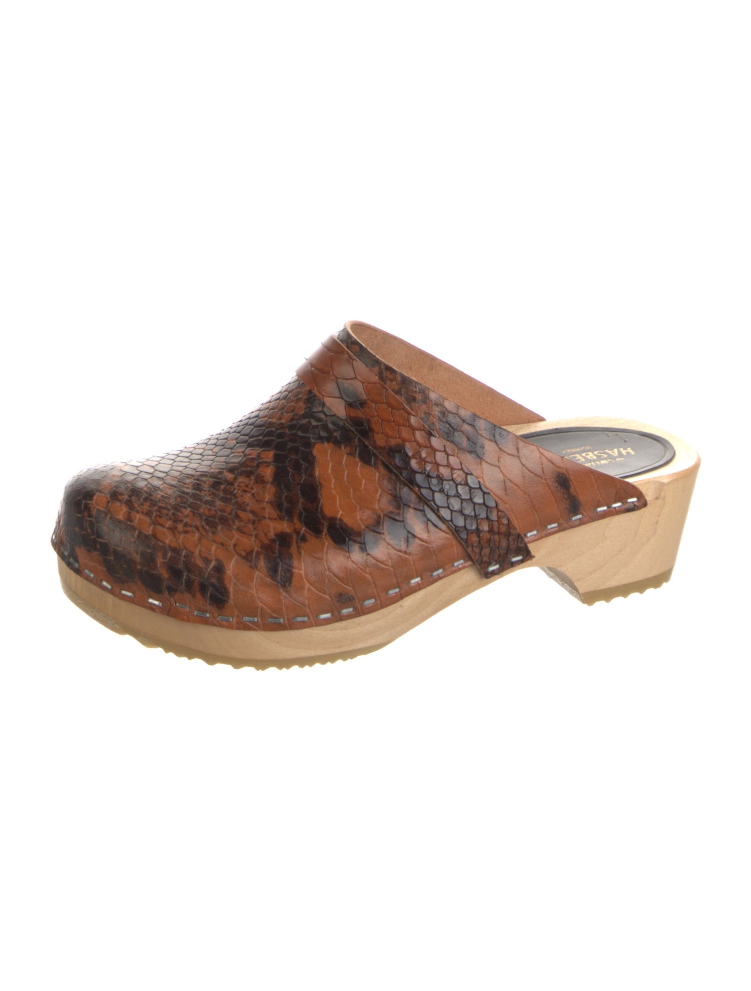 Swedish Hasbeens Embossed Leather Animal Print Mules