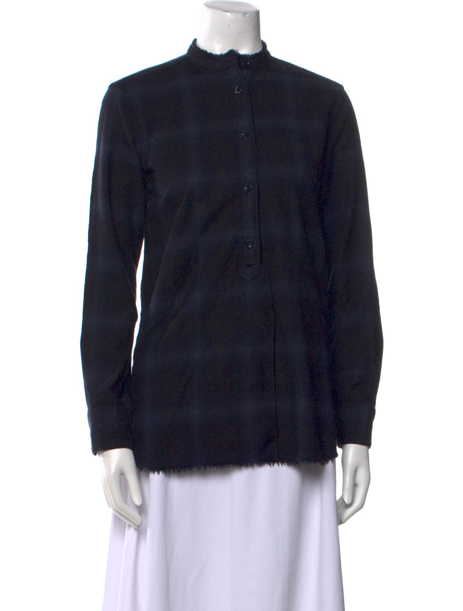 Helmut Lang Plaid Print Mock Neck Button-Up Top
