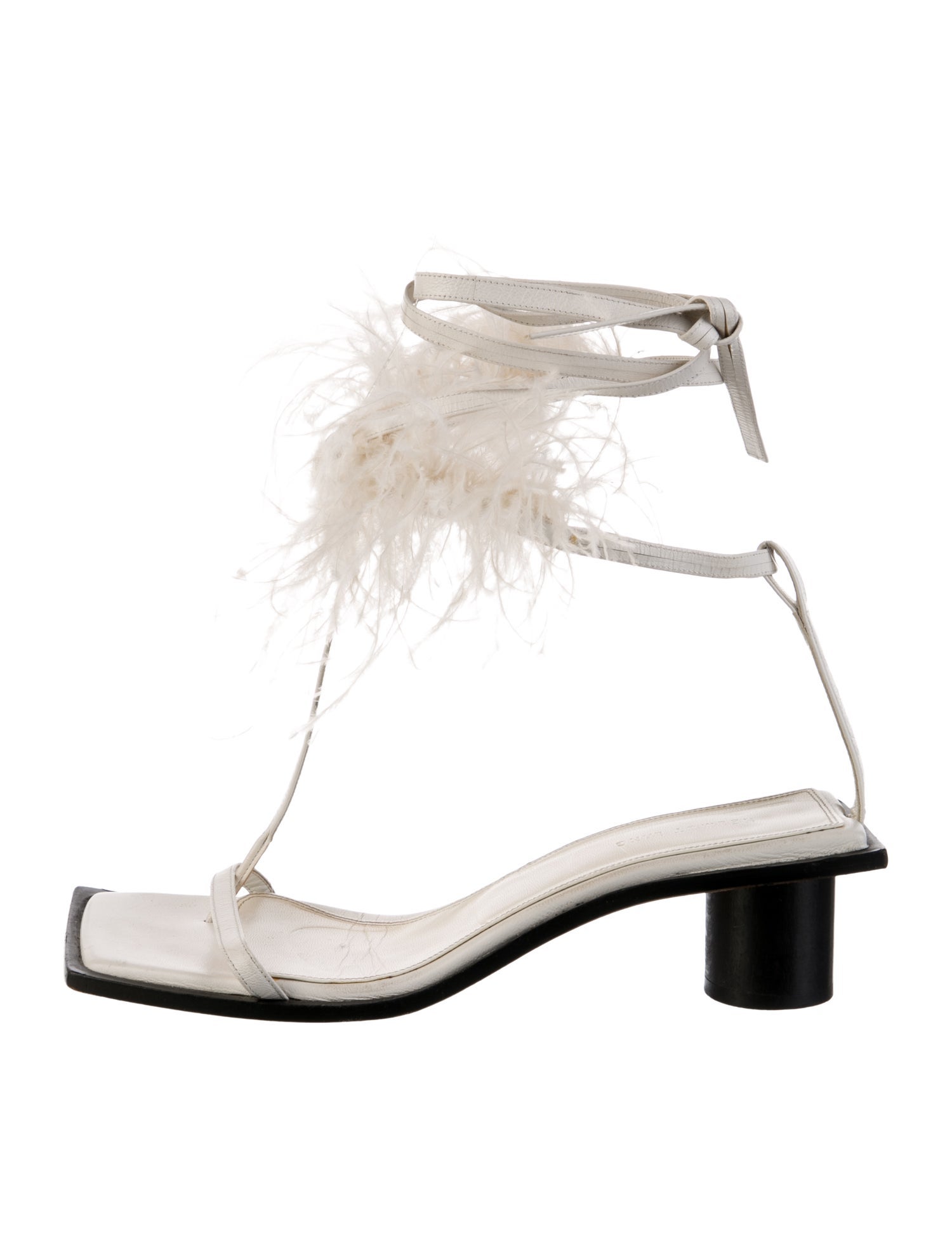 Helmut Lang Leather Feather Trim T-Strap Sandals