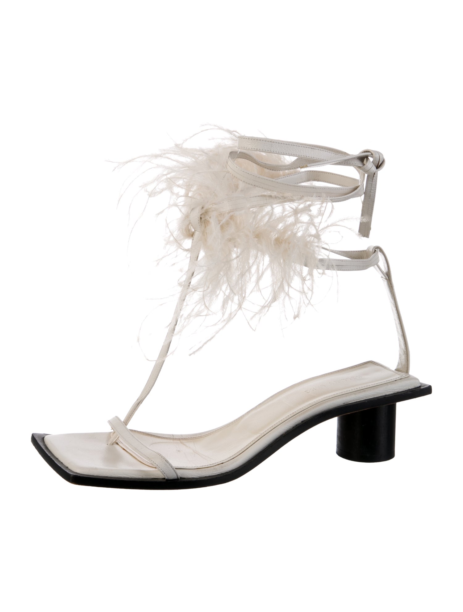 Helmut Lang Leather Feather Trim T-Strap Sandals