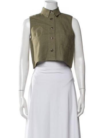 Pre-owned Hevron Linen Sleeveless Button-up Top In Green