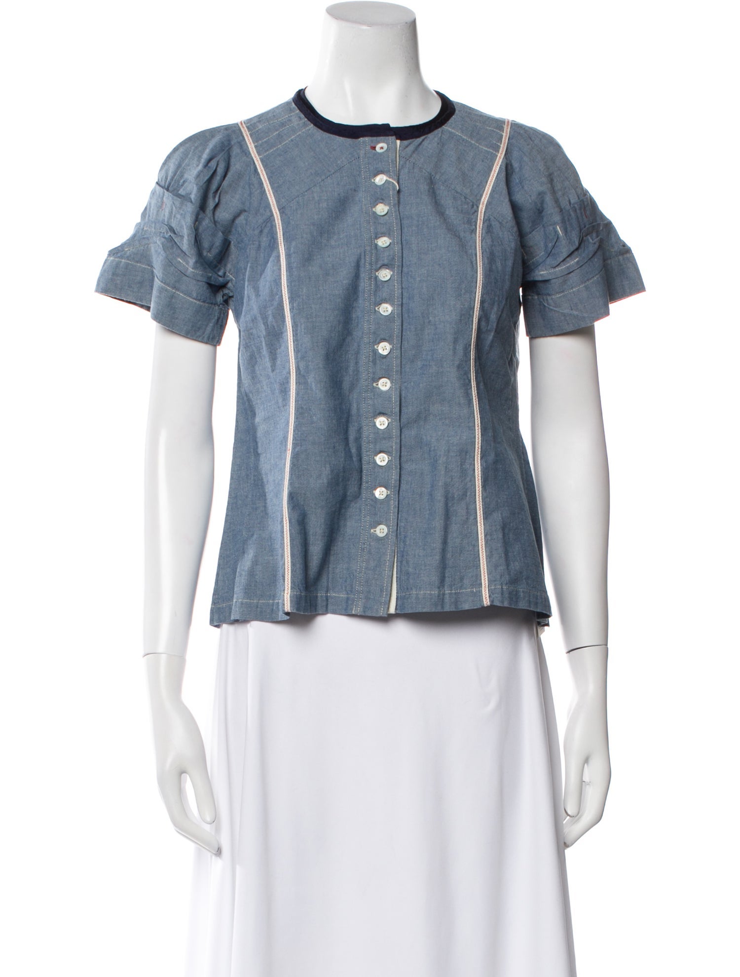 High Crew Neck Short Sleeve Button-Up Top