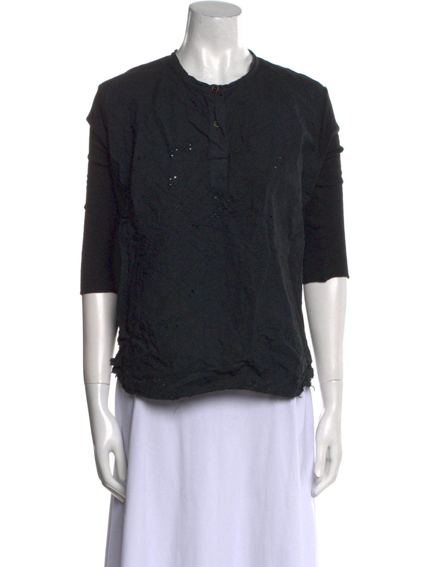 Hannoh Wessel Crew Neck Three-Quarter Sleeve Button-Up Top