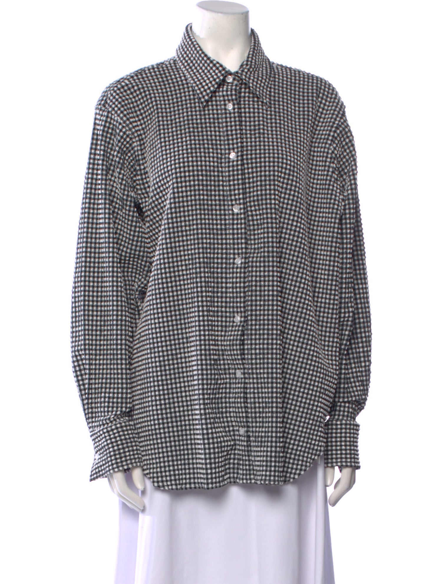 Hunza G Plaid Print Long Sleeve Button-Up Top