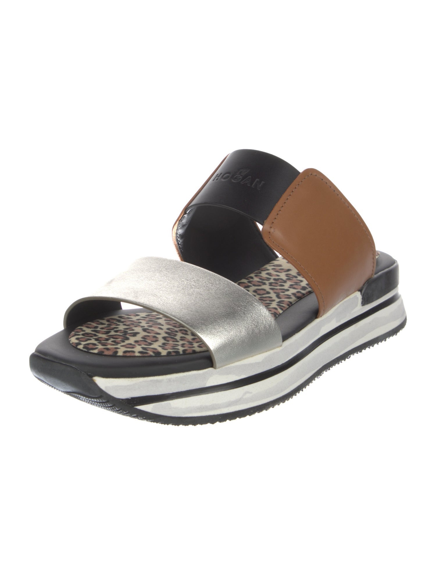 Hogan Leather Animal Print Slides