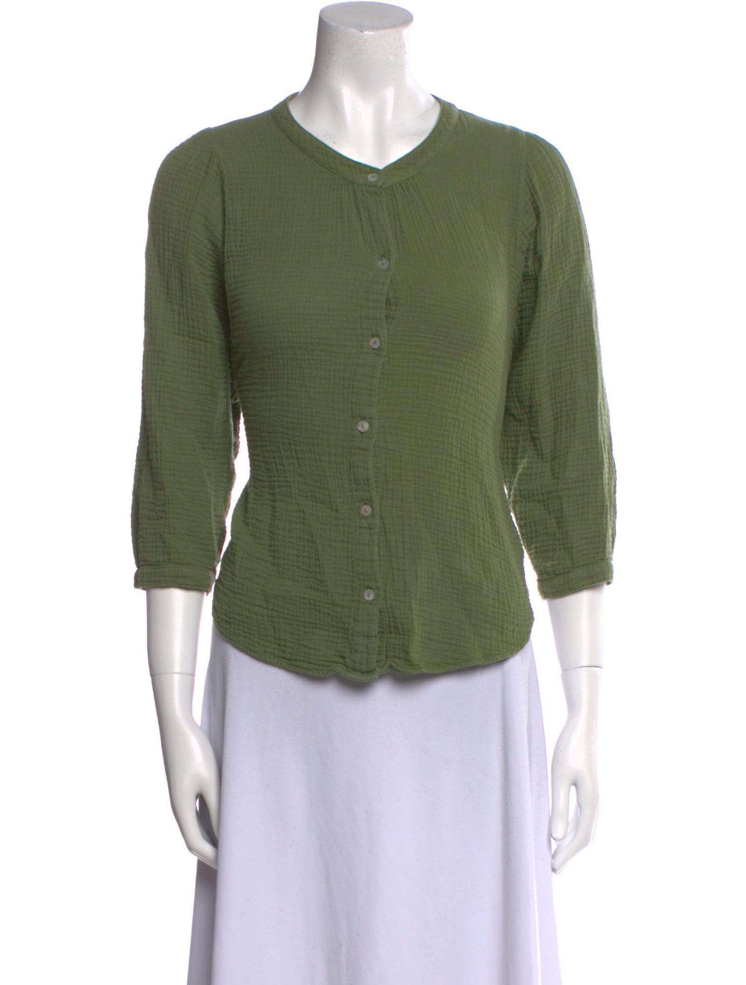 Honorine Crew Neck Three-Quarter Sleeve Button-Up Top