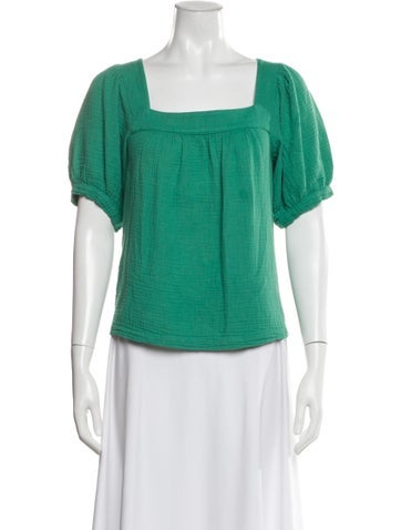 Pre-owned Honorine Square Neckline Short Sleeve Top In Green