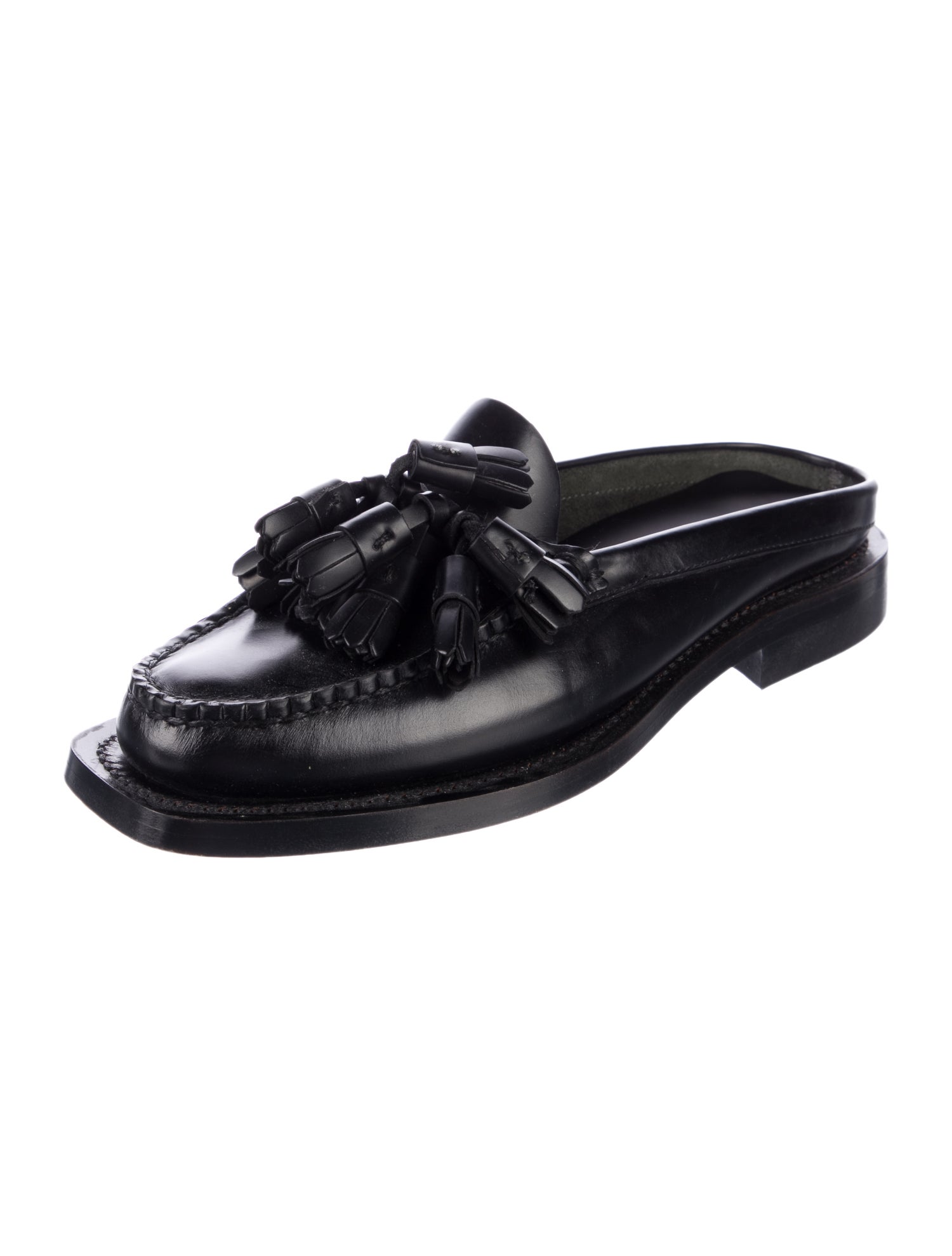 Hereu Leather Tassel Accents Mules Black Flats, Shoes WHREU21142