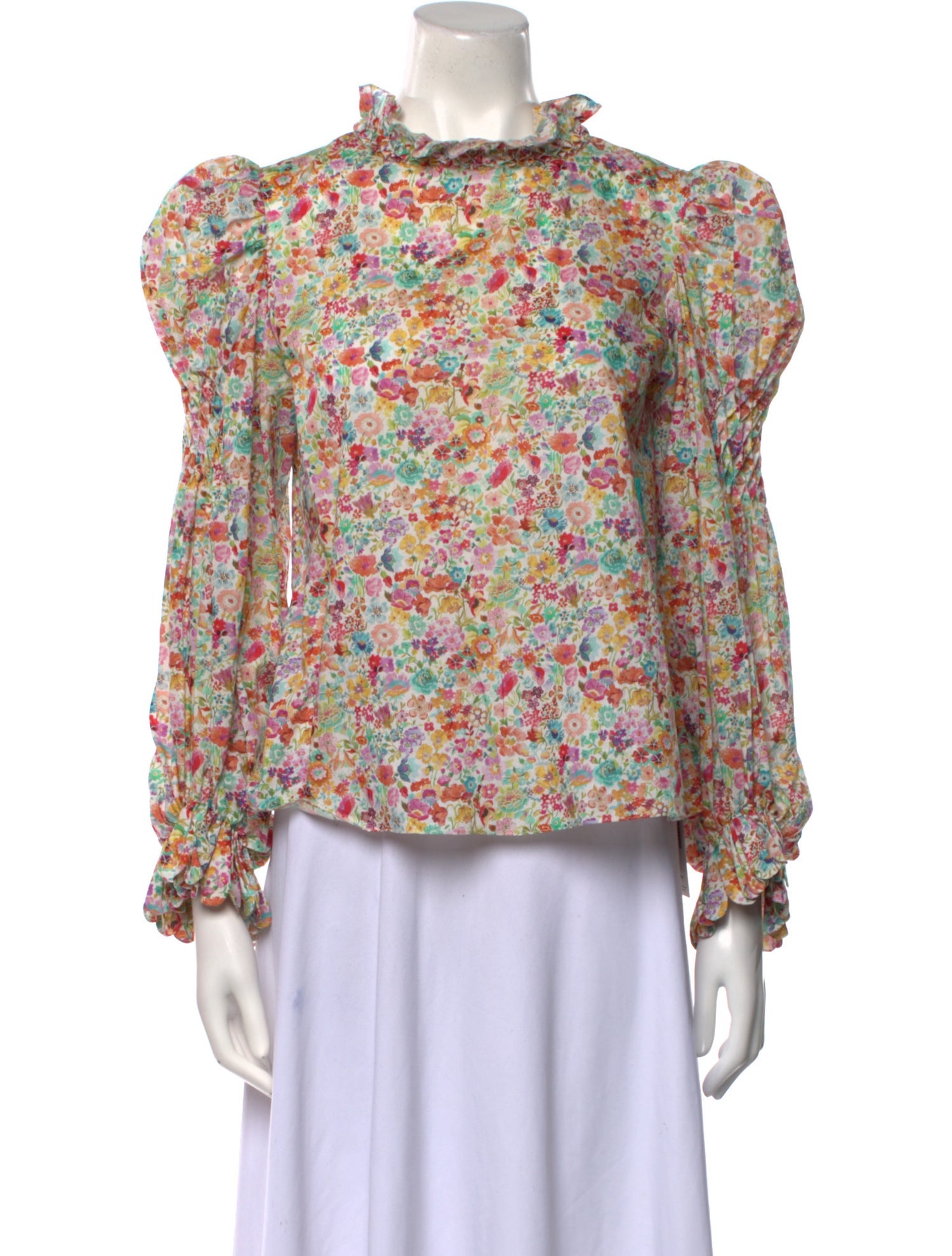 Horror Vacui Floral Print Mock Neck Blouse