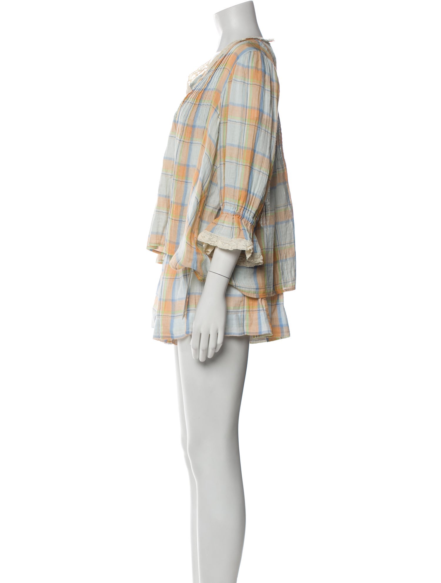 Hunter Bell Plaid Print Lace Trim Embellishment Short Set