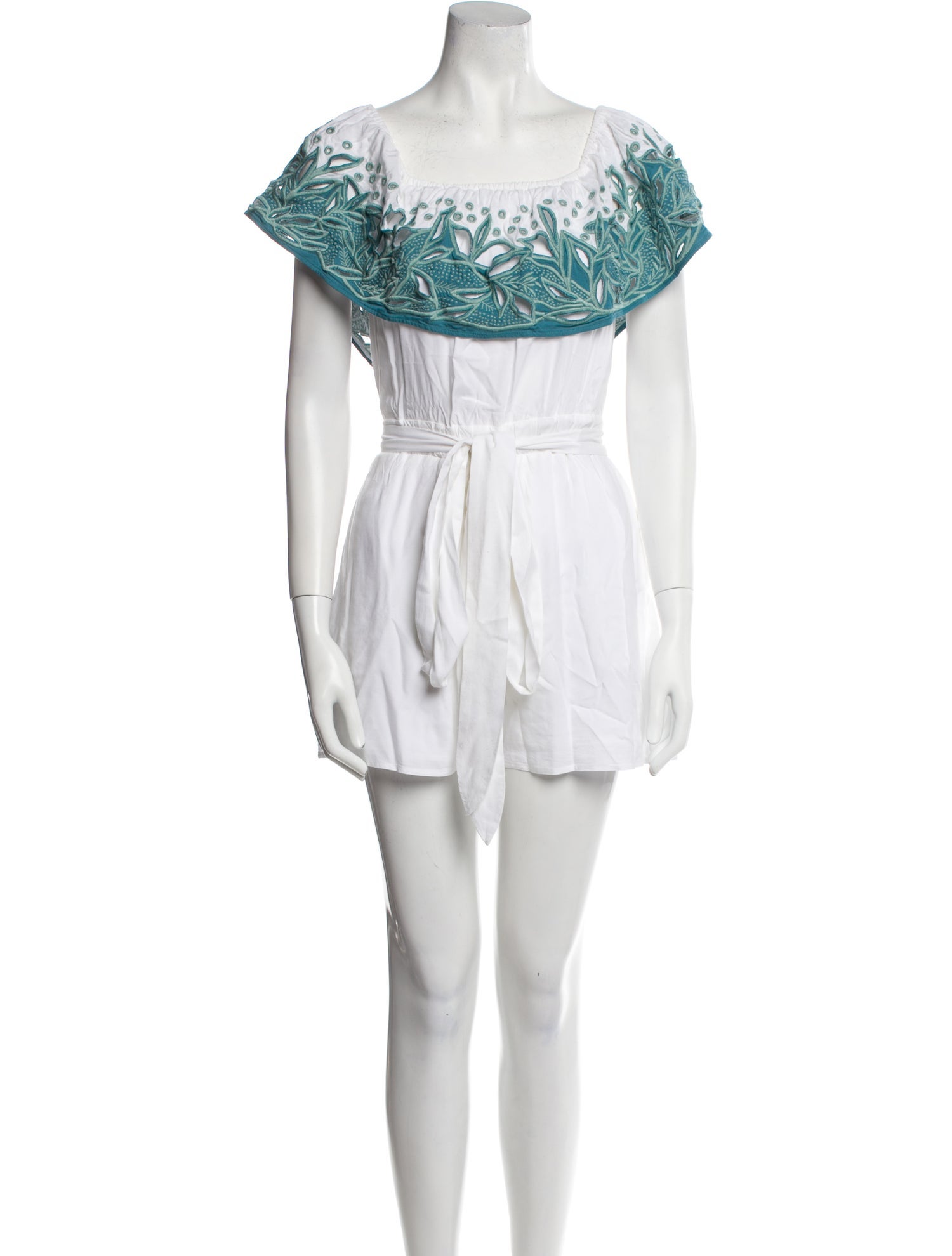 Mara Hoffman Leaf-embroidered Off-the-shoulder Playsuit In White Sage Crew Neck Romper