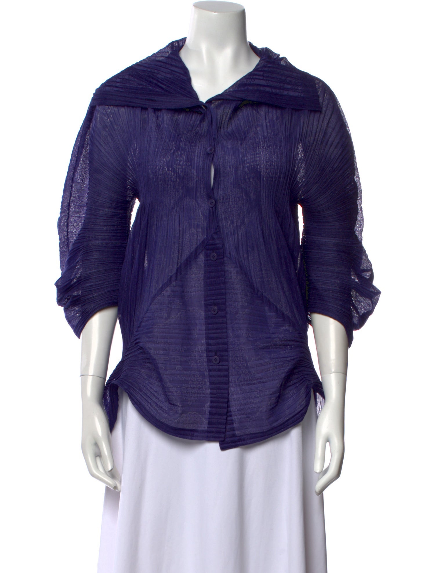 Issey Miyake Fete Cowl Neck Three-Quarter Sleeve Button-Up Top