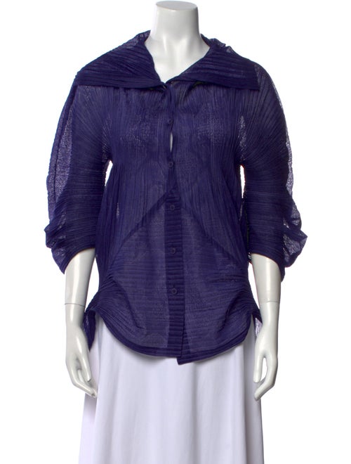 Issey Miyake Fete Cowl Neck Three-Quarter Sleeve Button-Up Top