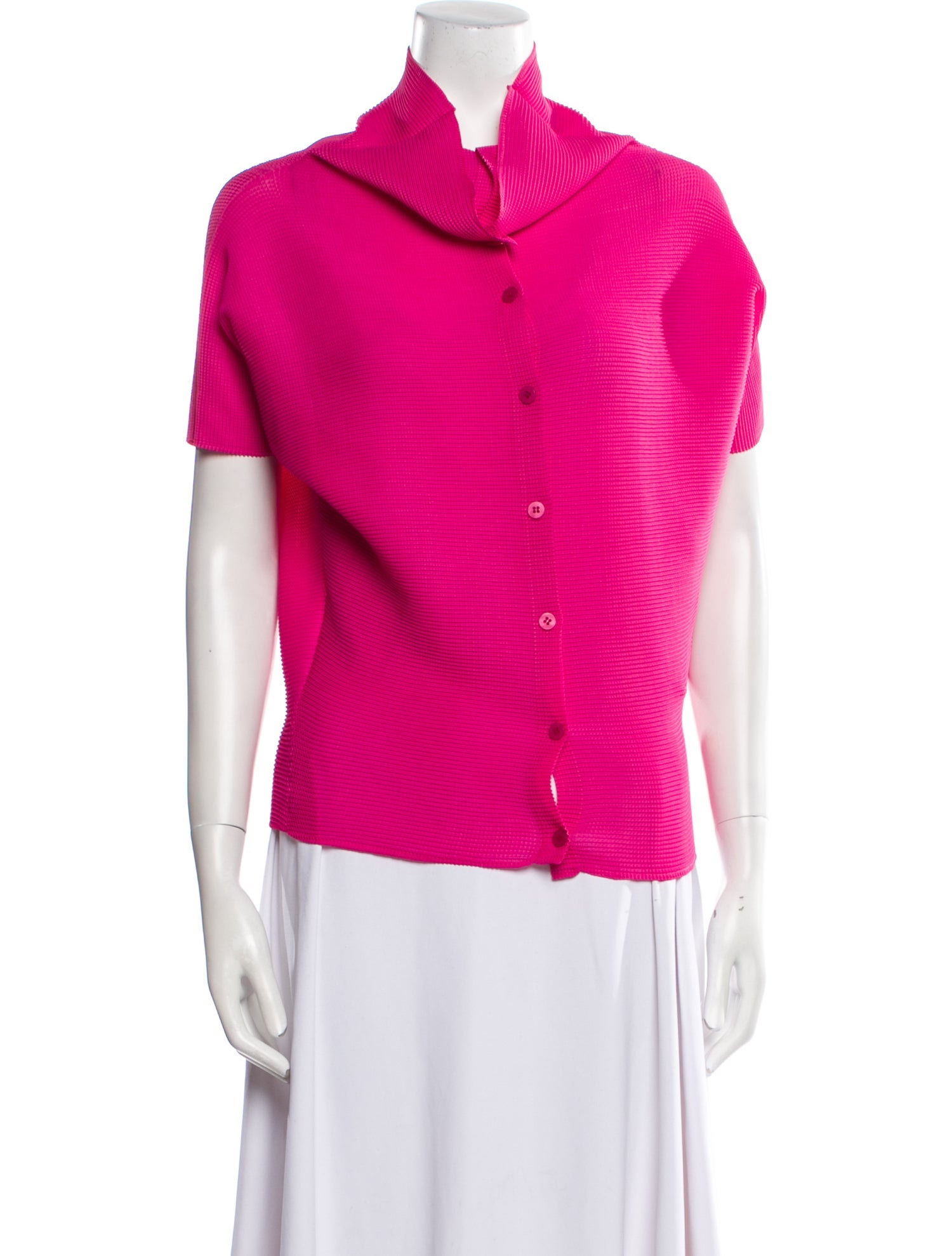 Issey Miyake Cauliflower Cowl Neck Short Sleeve Button-Up Top