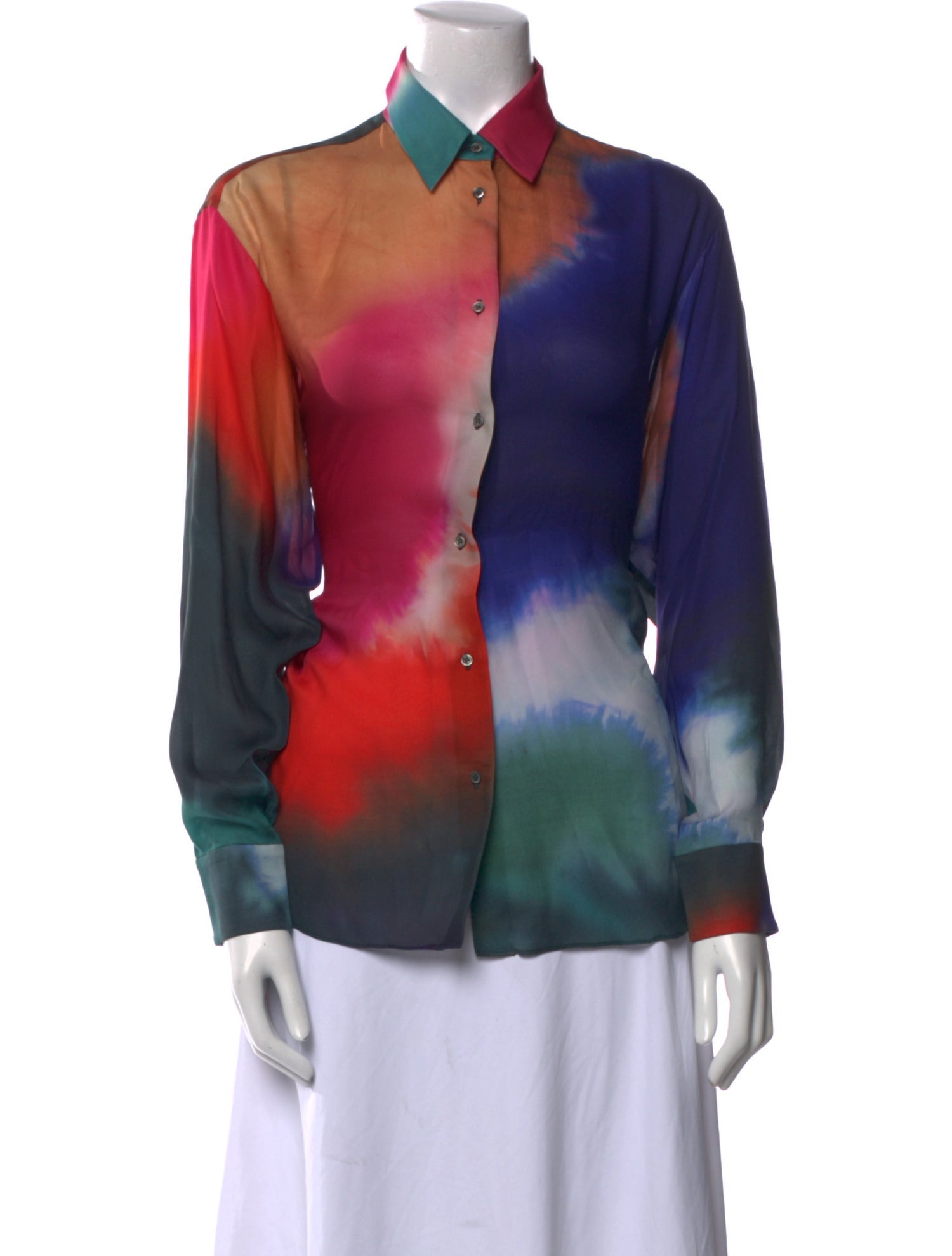INDRESS Silk Tie-Dye Print Button-Up Top