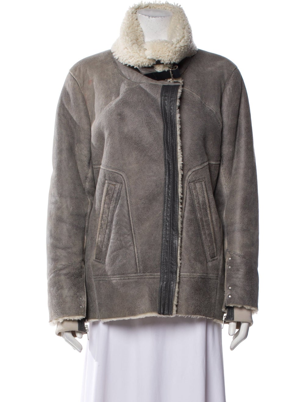 Iro Shearling Fur Jacket Grey Stand Collar Slit Pockets