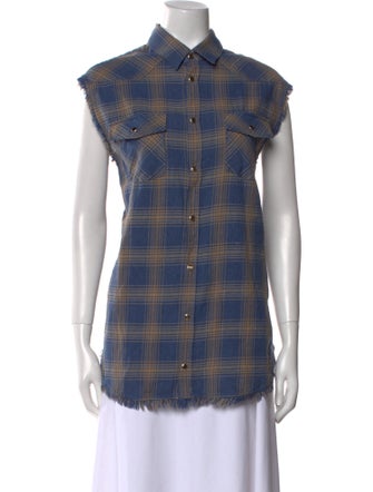 Iro Plaid Print Short Sleeve Button-Up Top