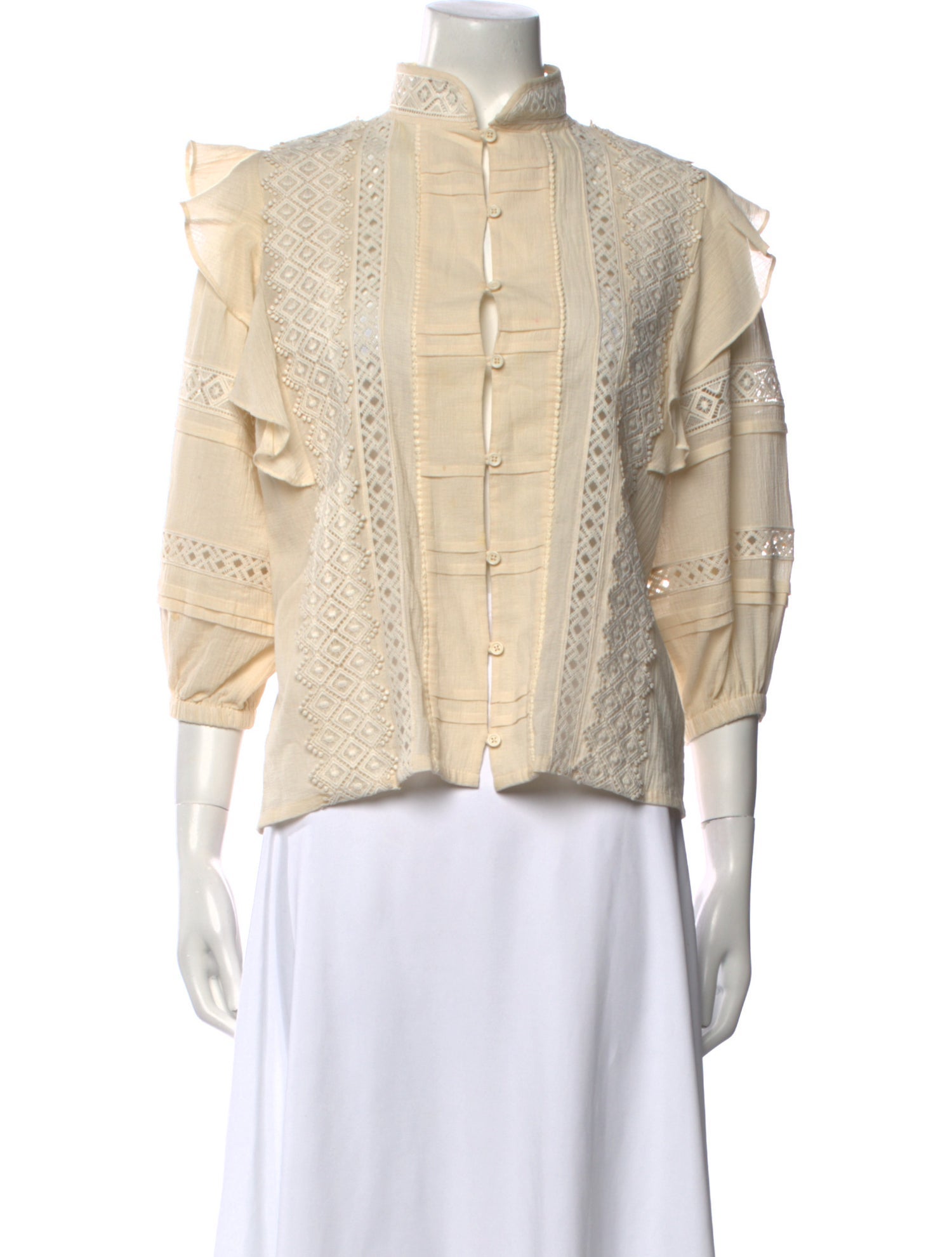 Iro Mock Neck Three-Quarter Sleeve Button-Up Top