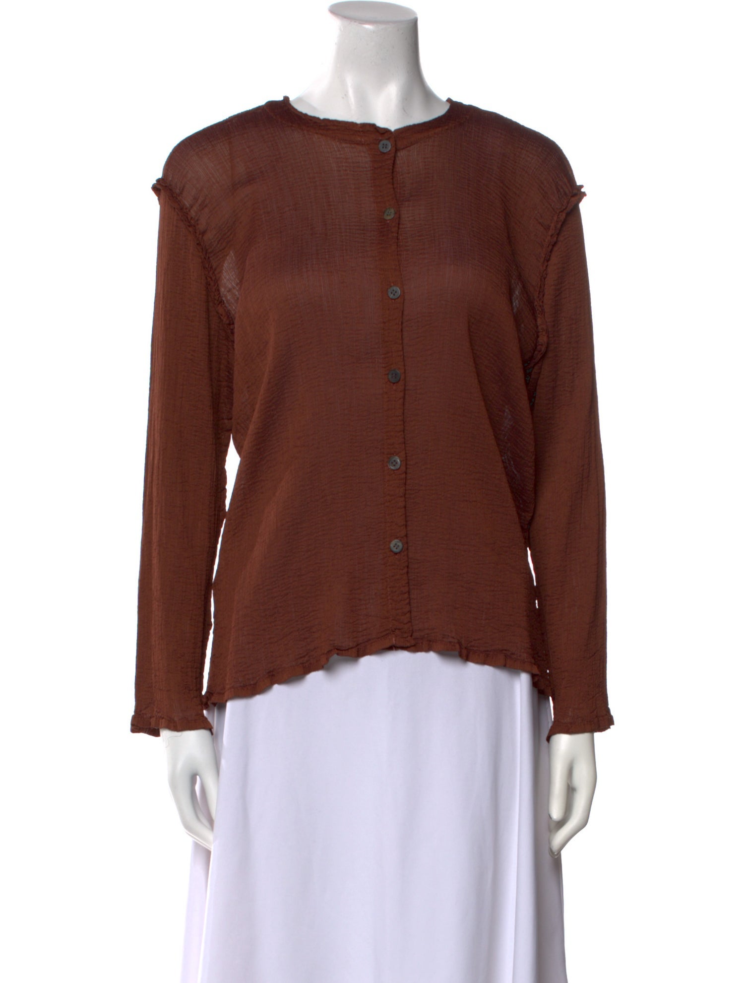 Issey Miyake Me Crew Neck Long Sleeve Button-Up Top