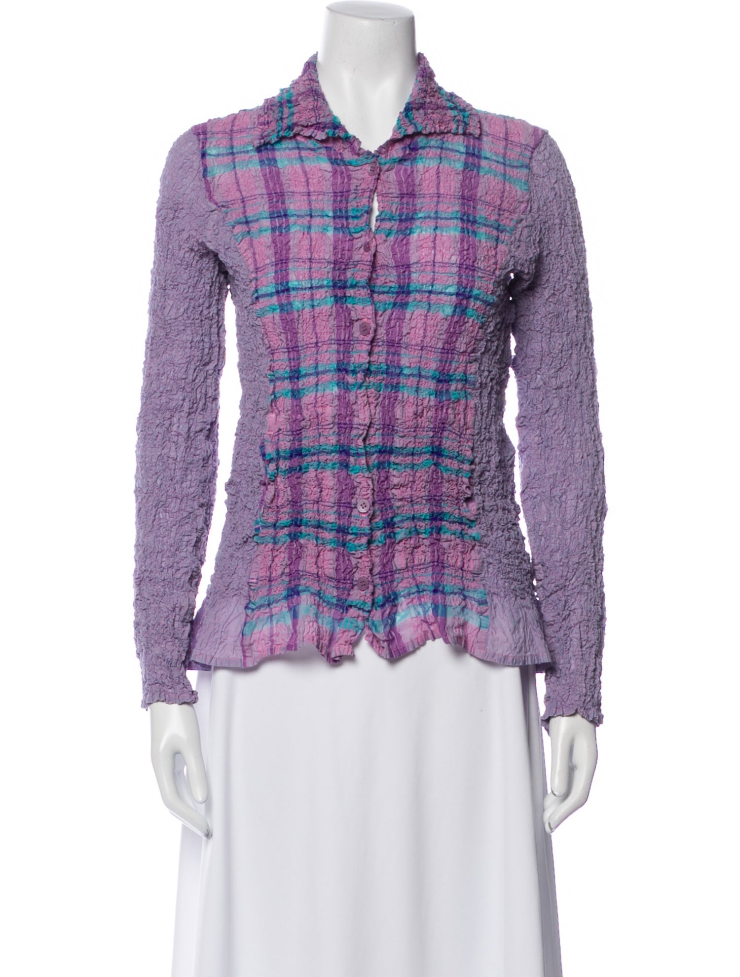 Issey Miyake Me Plaid Print Long Sleeve Button-Up Top