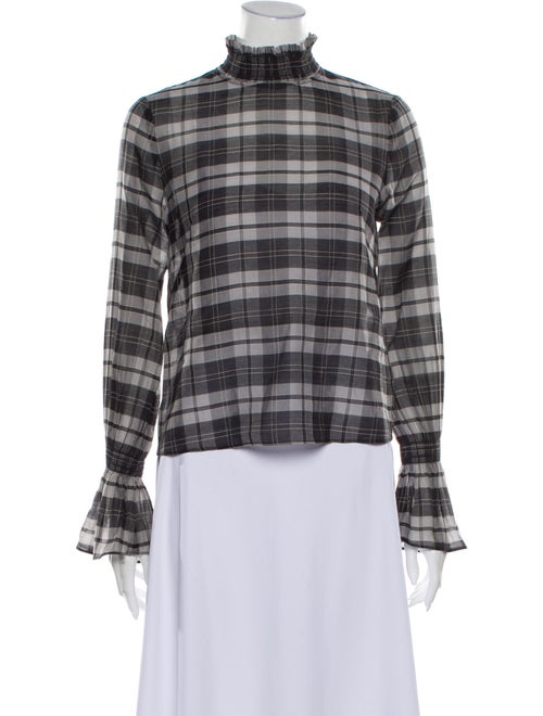 Intermix Plaid Print Mock Neck Blouse Black