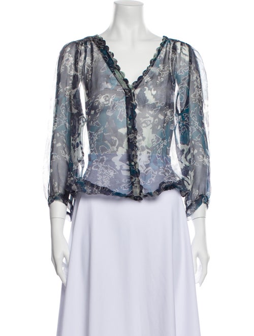 Joie Floral Print V-Neck Button-Up Top Blue