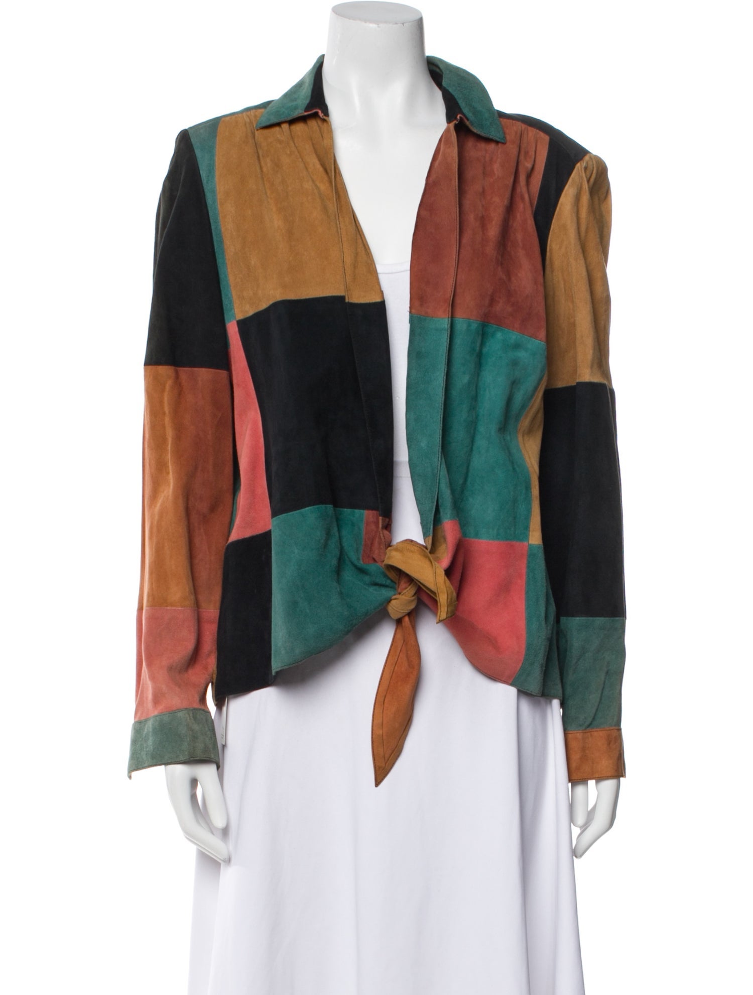 Judith Ann Creations Inc Leather Colorblock Pattern Denim Jacket